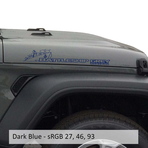 Dark blue Battleship Grey Edition side hood vinyl decal pair with warship illustration laid flat