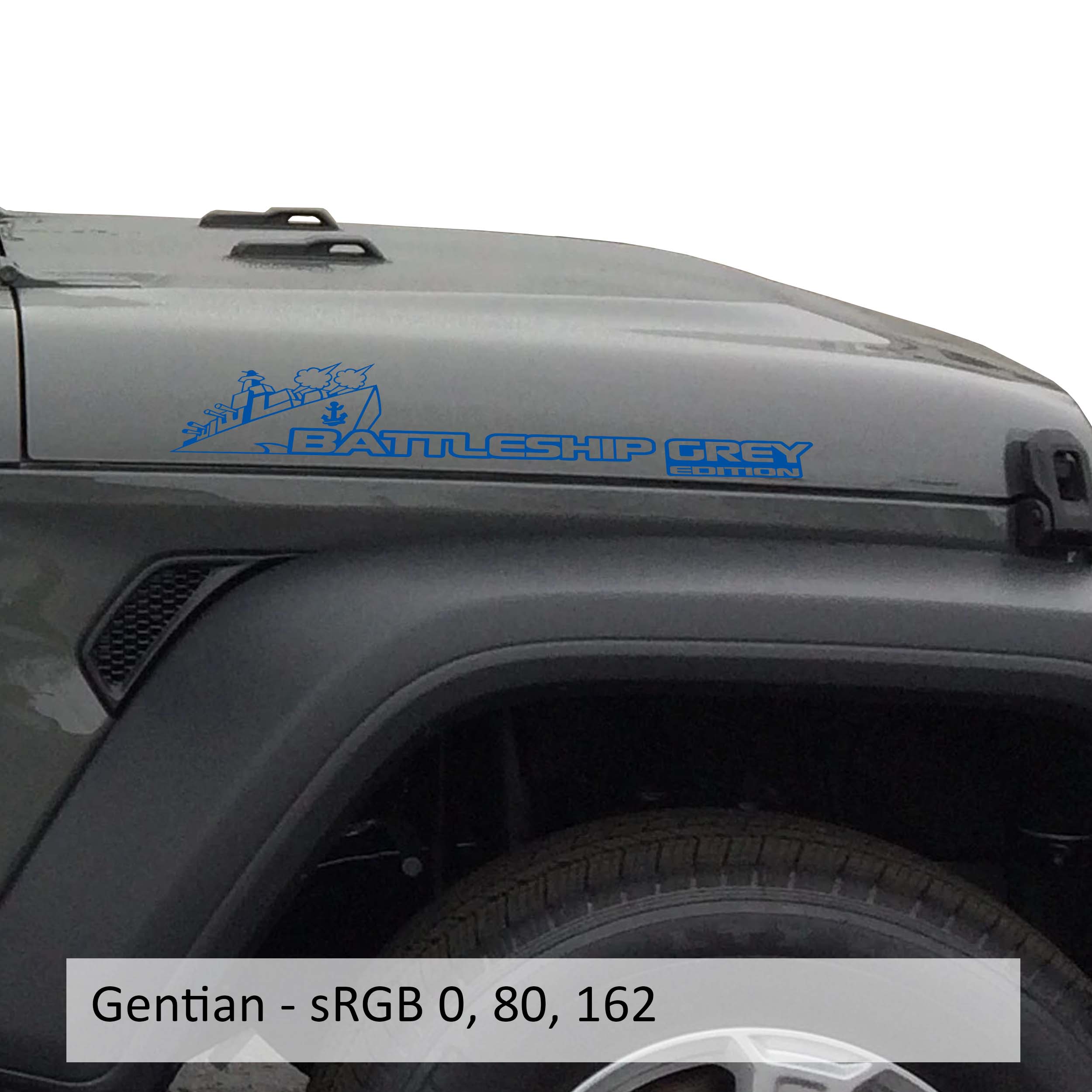 Gunmetal Battleship Grey Edition side hood vinyl decal pair with warship illustration laid flat