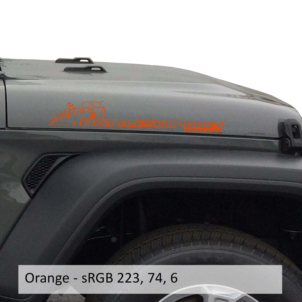 Orange Battleship Grey Edition side hood vinyl decal pair with warship illustration laid flat