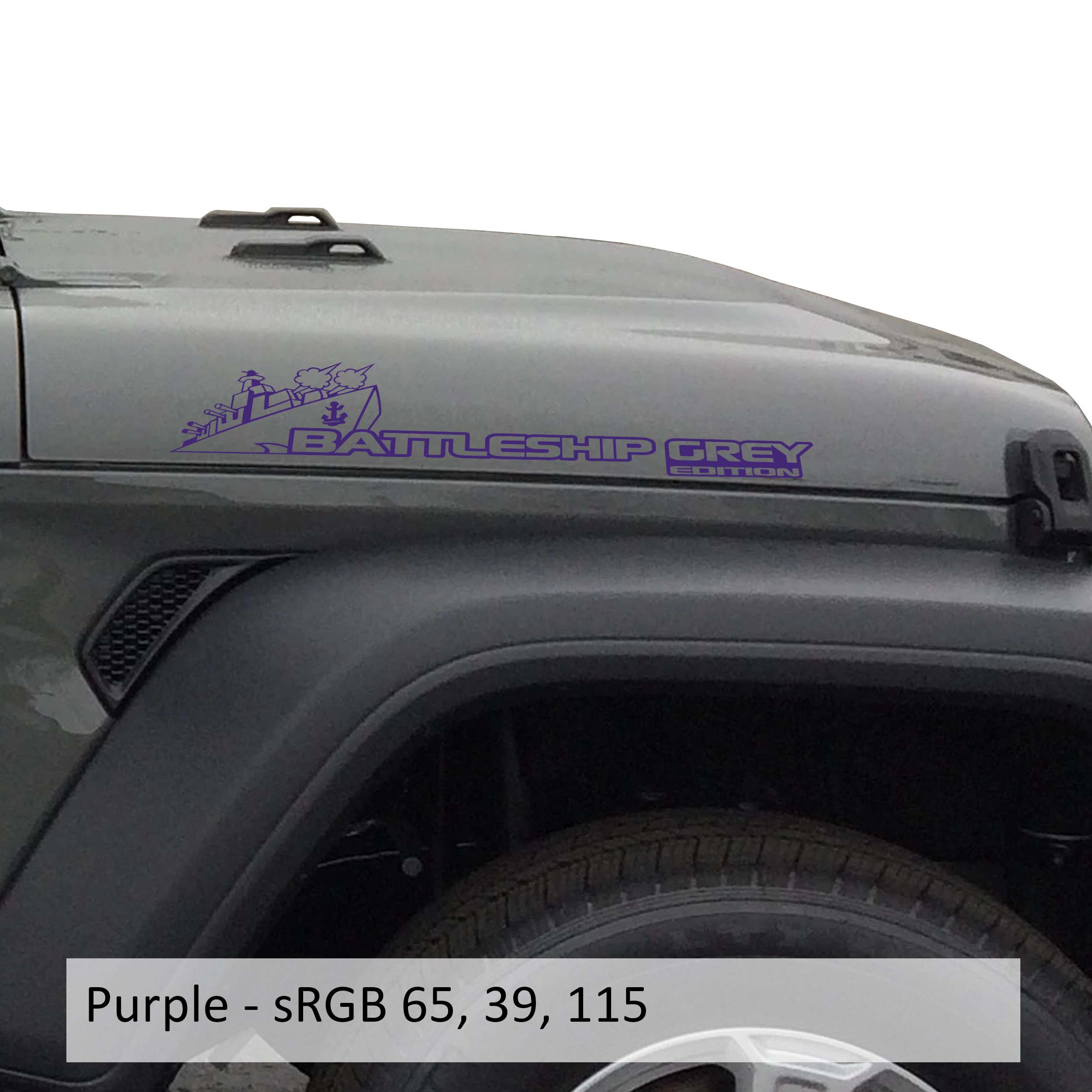 Purple Battleship Grey Edition side hood vinyl decal pair with warship illustration laid flat