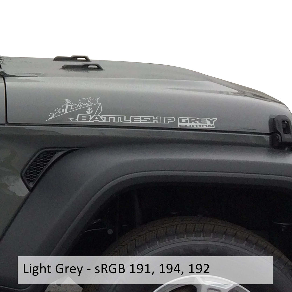 Light grey Battleship Grey Edition side hood vinyl decal pair with warship illustration laid flat