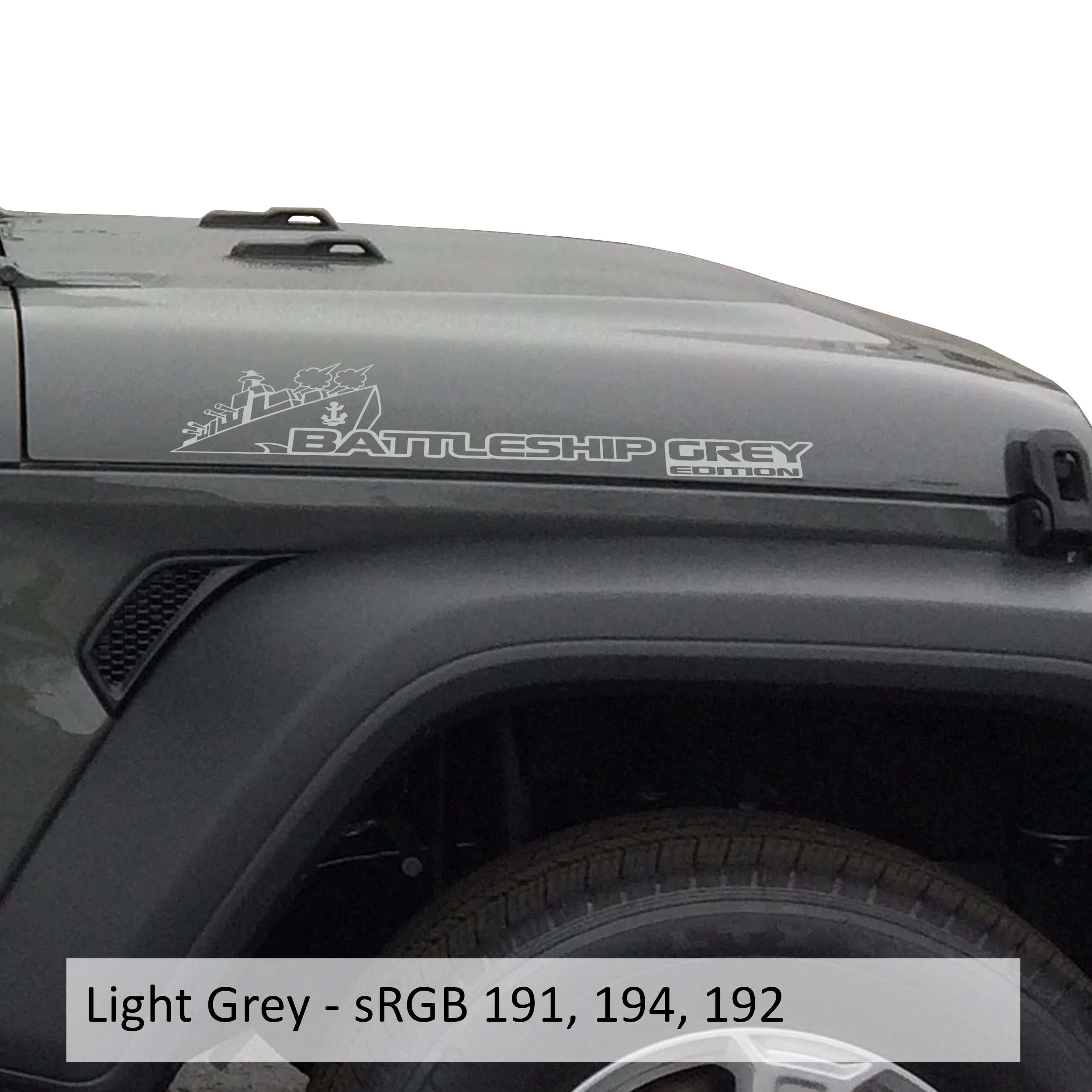 Light grey Battleship Grey Edition side hood vinyl decal pair with warship illustration laid flat