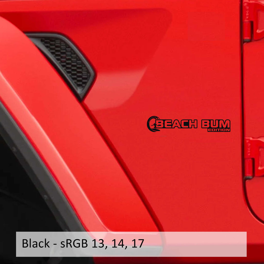 Black Beach Bum Edition Jeep Wrangler fender vinyl decal set with palm tree tropical sunset art.