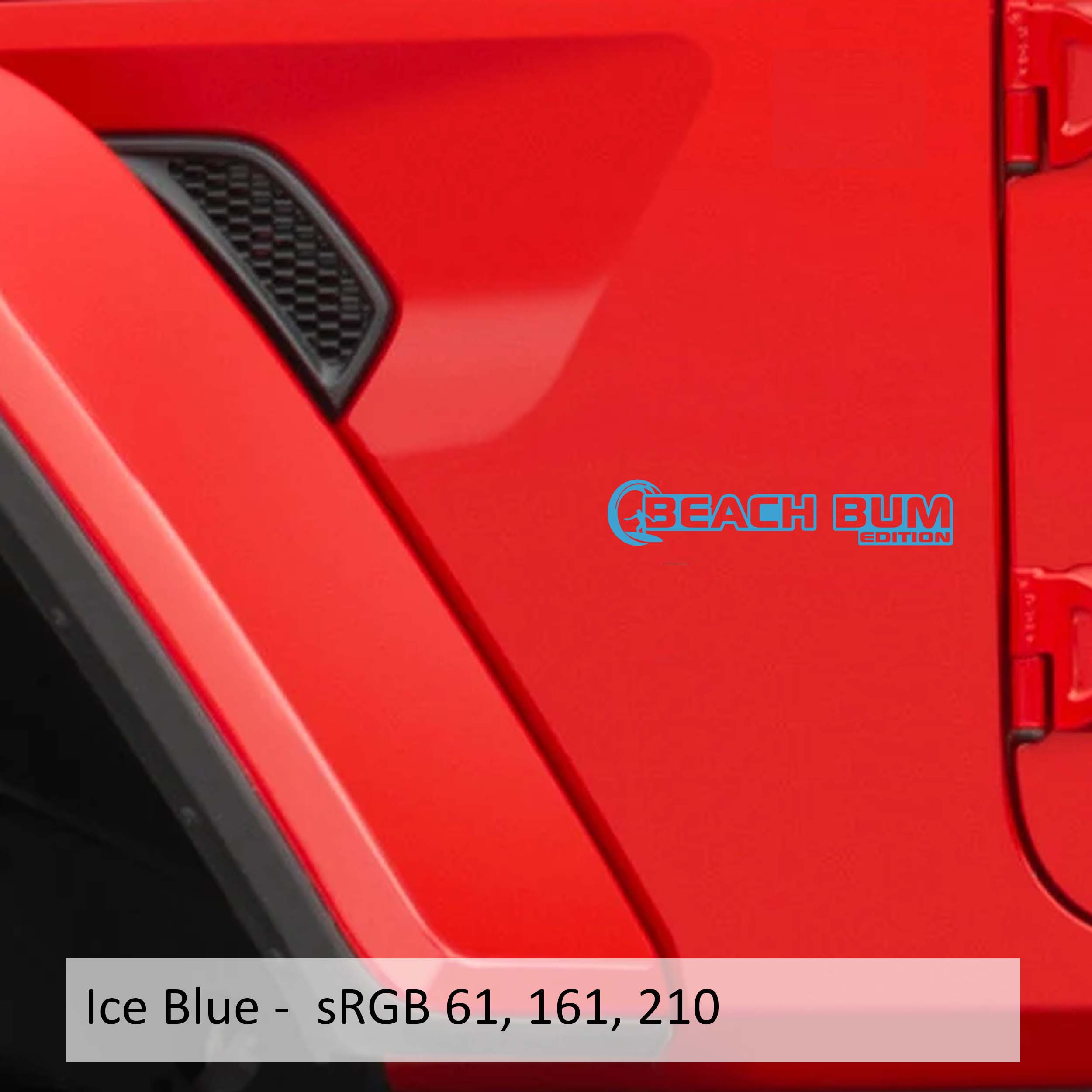 Ice blue Beach Bum Edition Jeep Wrangler fender vinyl decal set with palm tree tropical artwork.