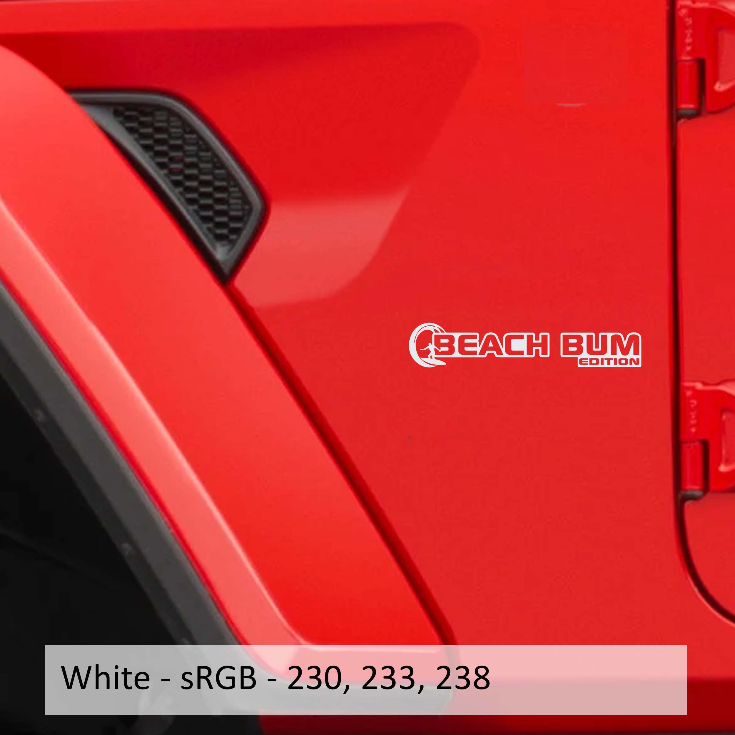 White Beach Bum Edition Jeep Wrangler fender vinyl decal set with palm tree tropical sunset art.