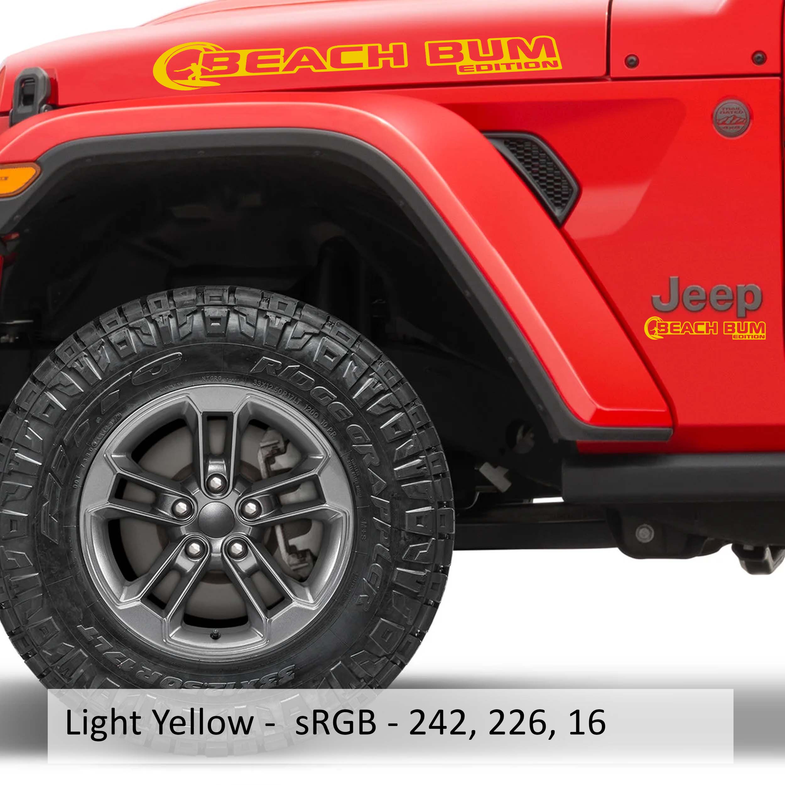 Light yellow Beach Bum Edition Wrangler hood vinyl decal pair with palm tree tropical sunset art.