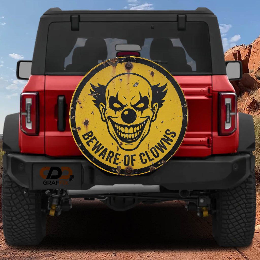 Beware of Clowns spare tire cover mounted on a Ford Bronco spare wheel