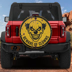 Beware of Clowns spare tire cover mounted on a Ford Bronco spare wheel