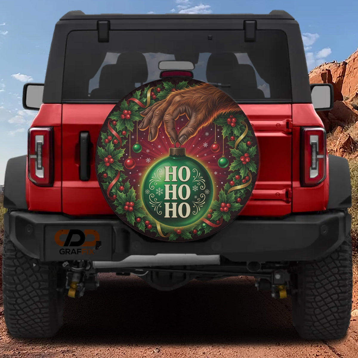 Bigfoot ornament heist Christmas spare tire cover mounted on a Ford Bronco