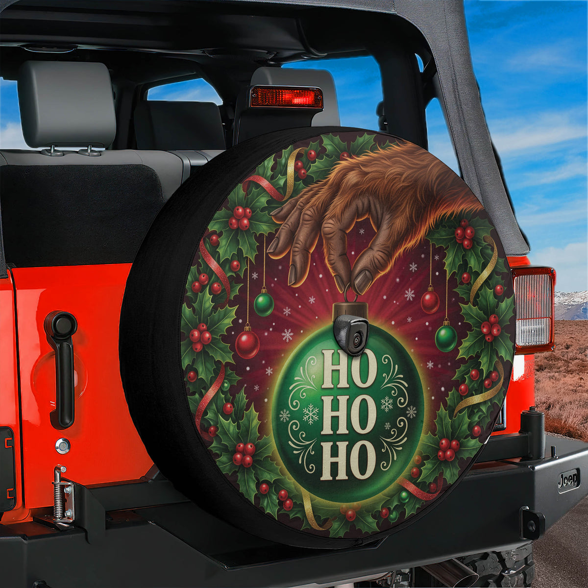 Bigfoot ornament heist Christmas spare tire cover on a Jeep Wrangler, rear view