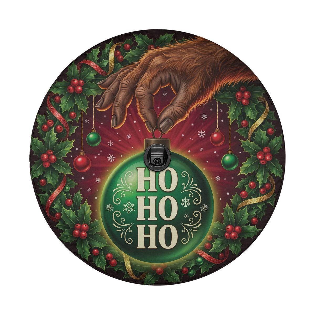 Bigfoot ornament heist Christmas spare tire cover with a backup camera hole