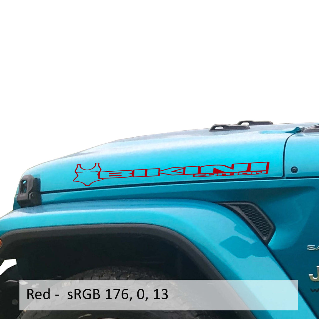 Red Bikini edition side hood decal mockup pair for Jeep Wrangler JL Gladiator JT bonnet