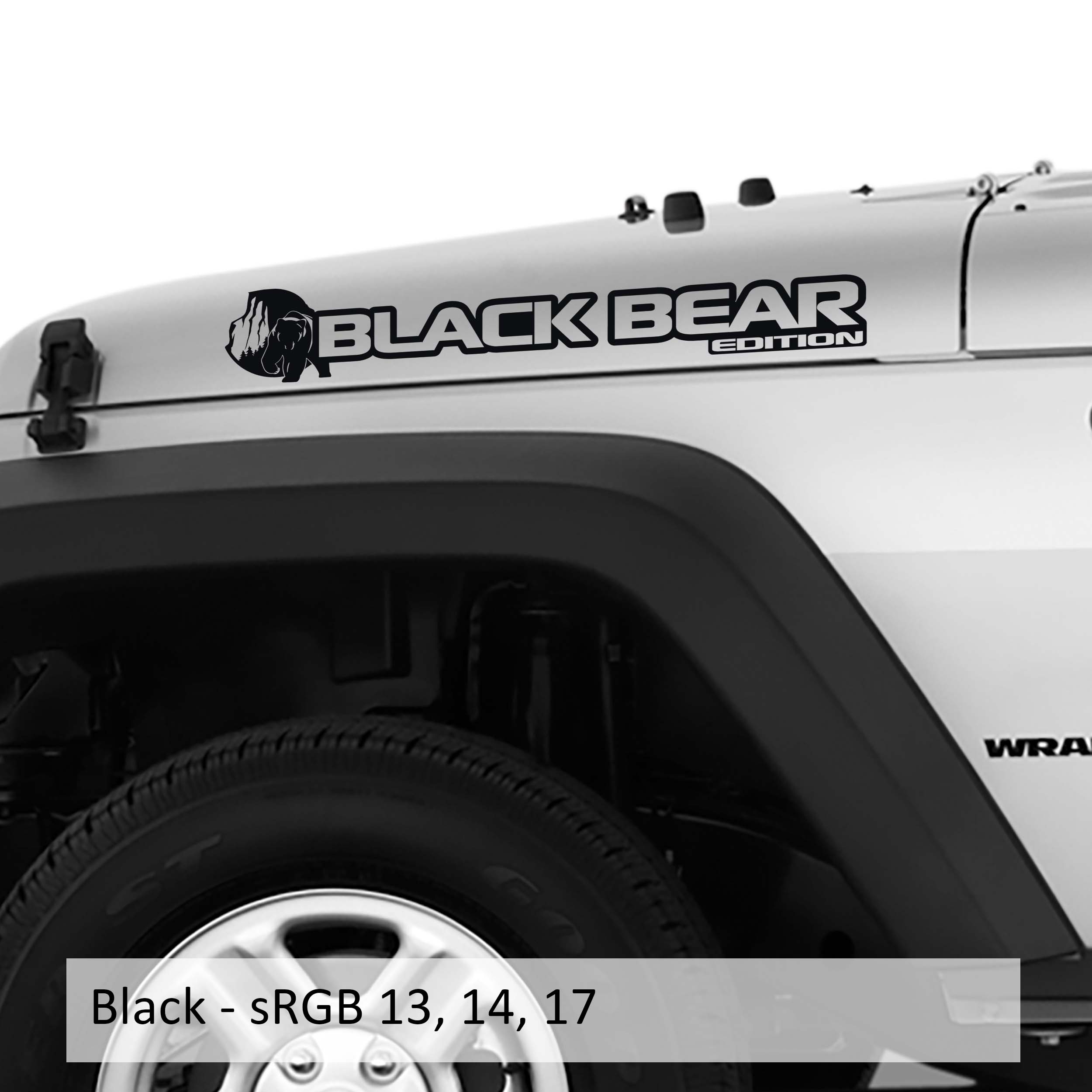 Black Black Bear edition side hood decal mockup pair for Jeep Wrangler JL Gladiator JT