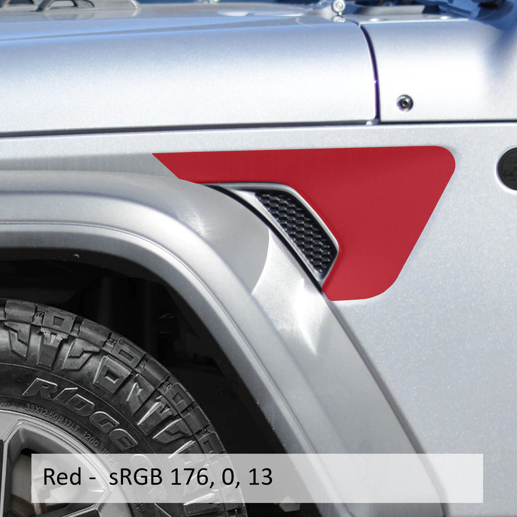 Red Wrangler JL lettering vinyl decal applied to Jeep Wrangler JL factory billet fender vent