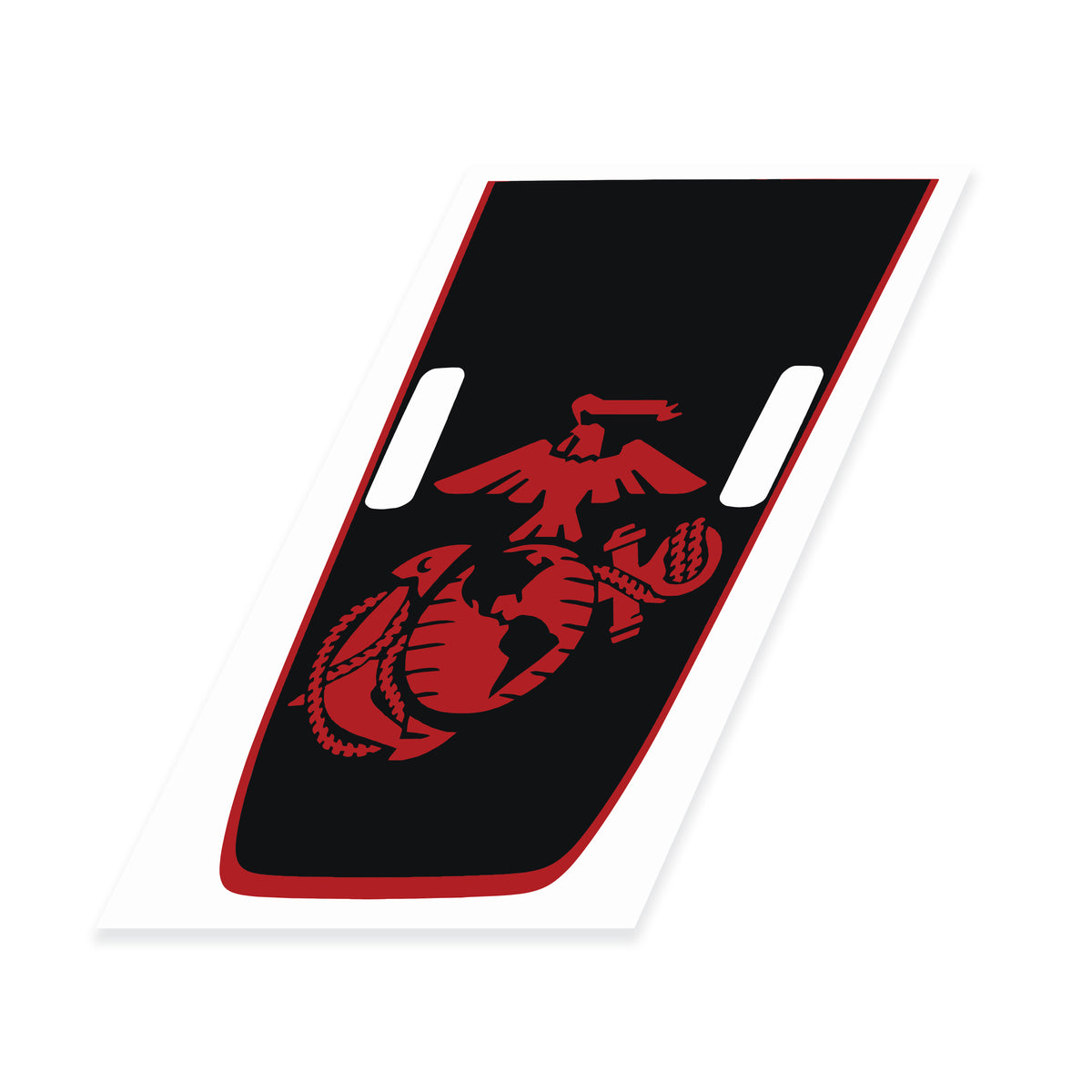 USMC Eagle, Globe and Anchor power-dome hood decal, red emblem and red border on matte black with two cut-outs for the hood bumper stops, shown flat on white