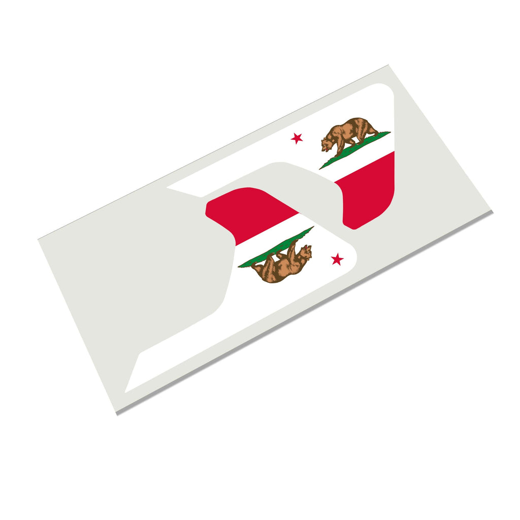 California state flag with bear die-cut decal infographic showing waterproof outdoor durability