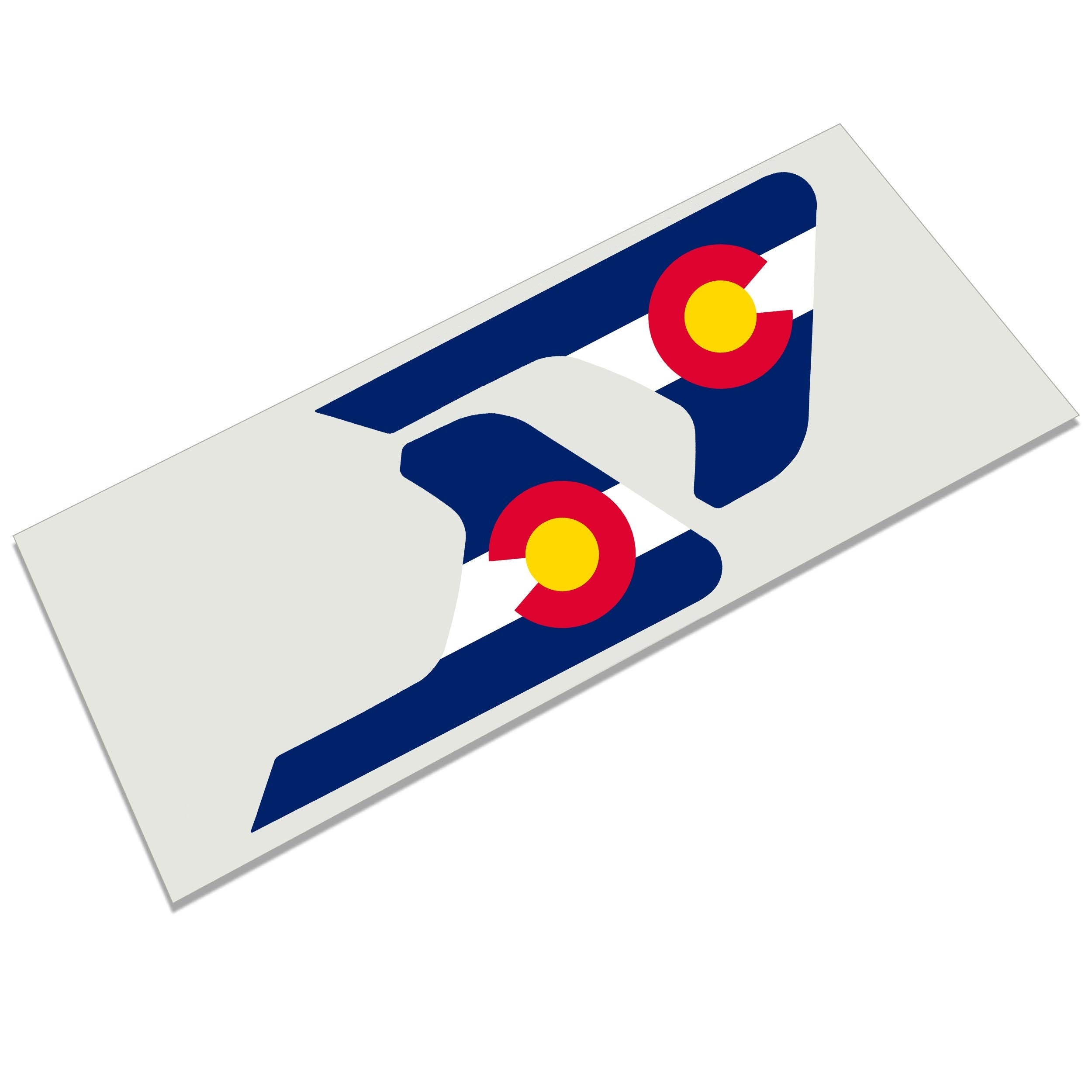 Colorado state flag with C die-cut decal infographic showing waterproof 6 year outdoor durability