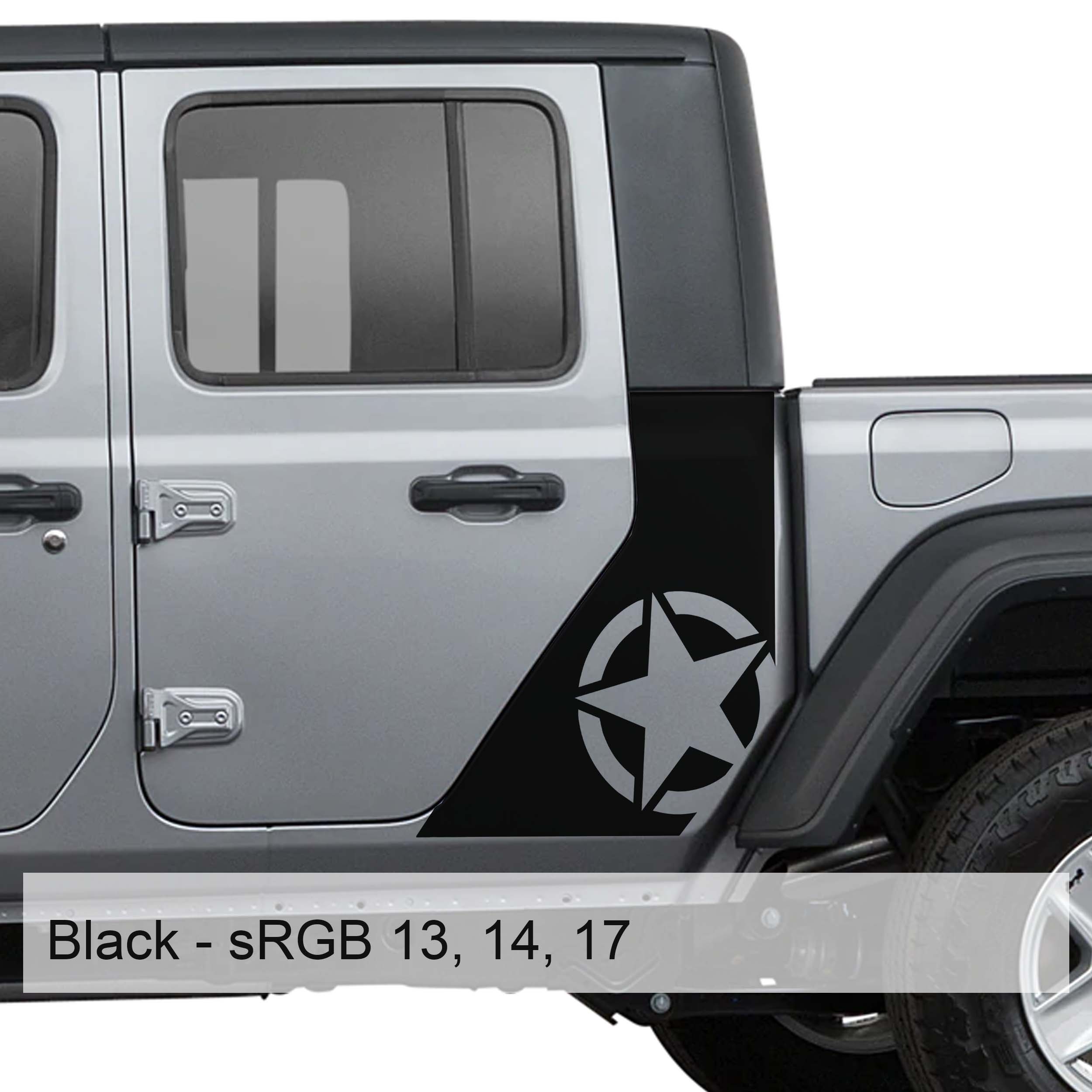 Black Alfa Romeo star bodyside decal installed on silver Jeep Gladiator JT cab side panel