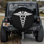 Caduceus Medical Symbol spare tire cover mounted on a red Jeep Wrangler rear with bold medical caduceus emblem