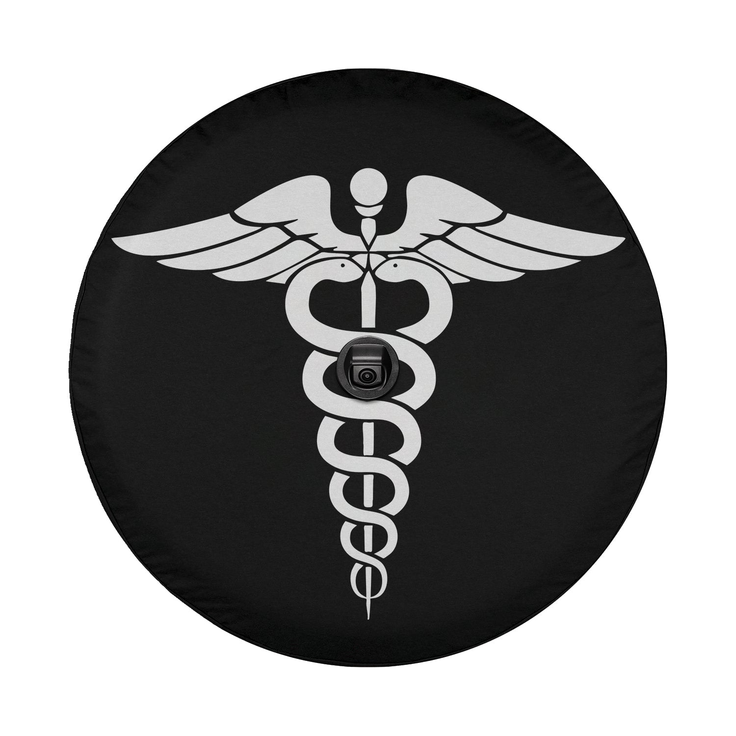Caduceus Medical Symbol spare tire cover flat round product shot with winged staff and entwined serpents design