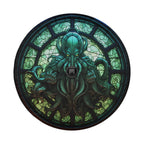 Cthulhu Rising stained glass spare tire cover flat art with green octopus deity in circular window