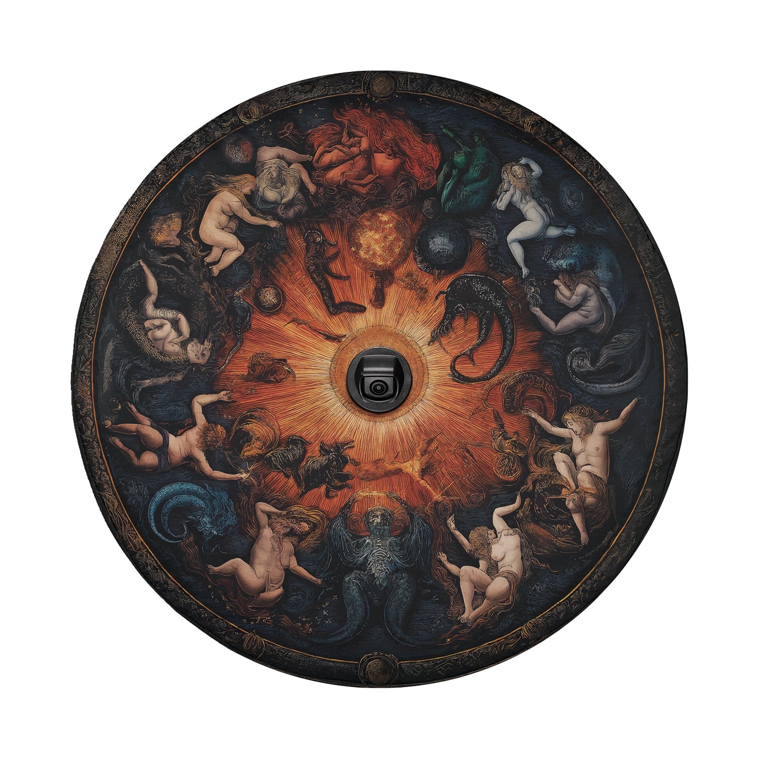 Celestial Zodiac Masterpiece spare tire cover detail showing sunburst zodiac figures and camera cutout