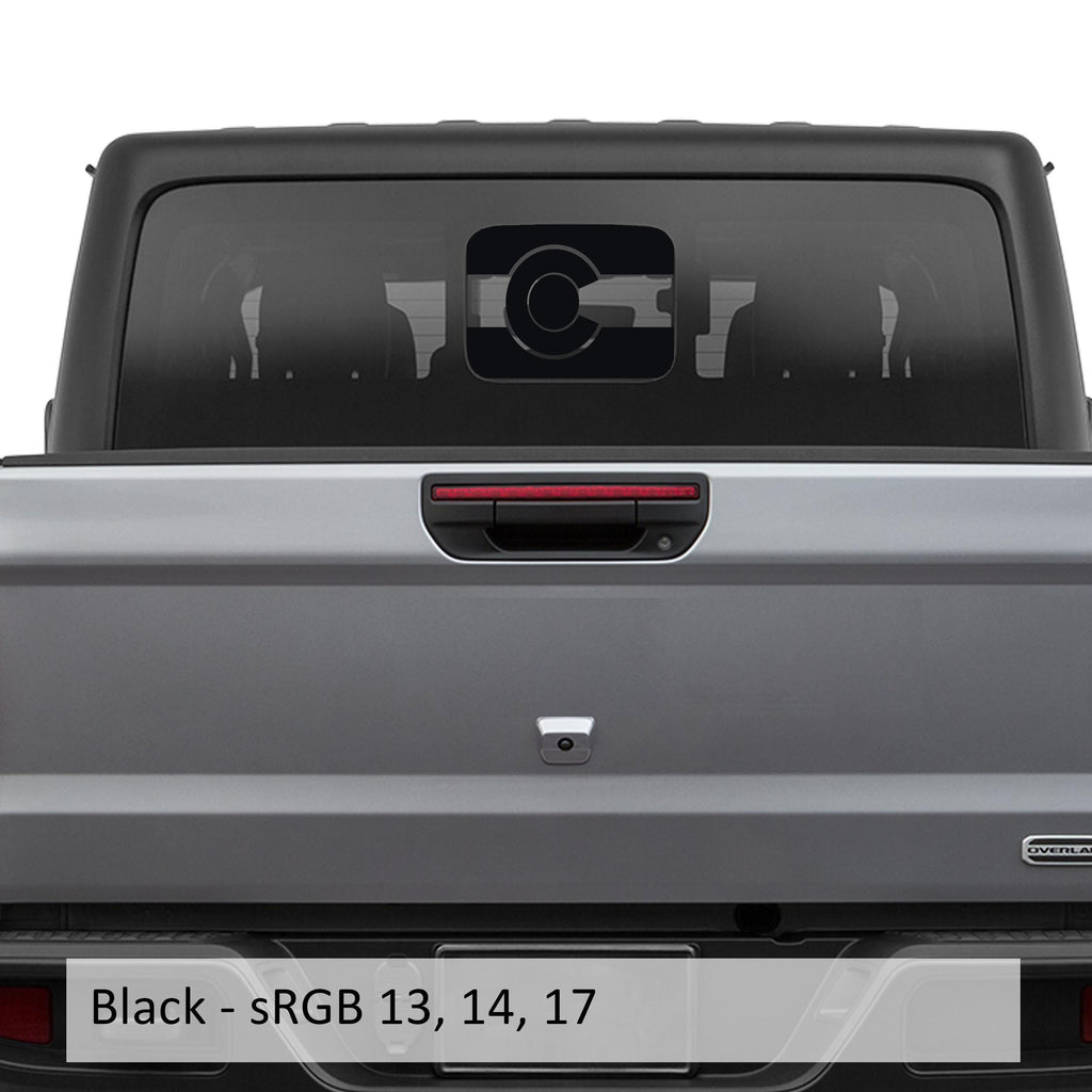 Black Colorado flag JT rear sliding window vinyl decal installed on Jeep Gladiator tailgate glass