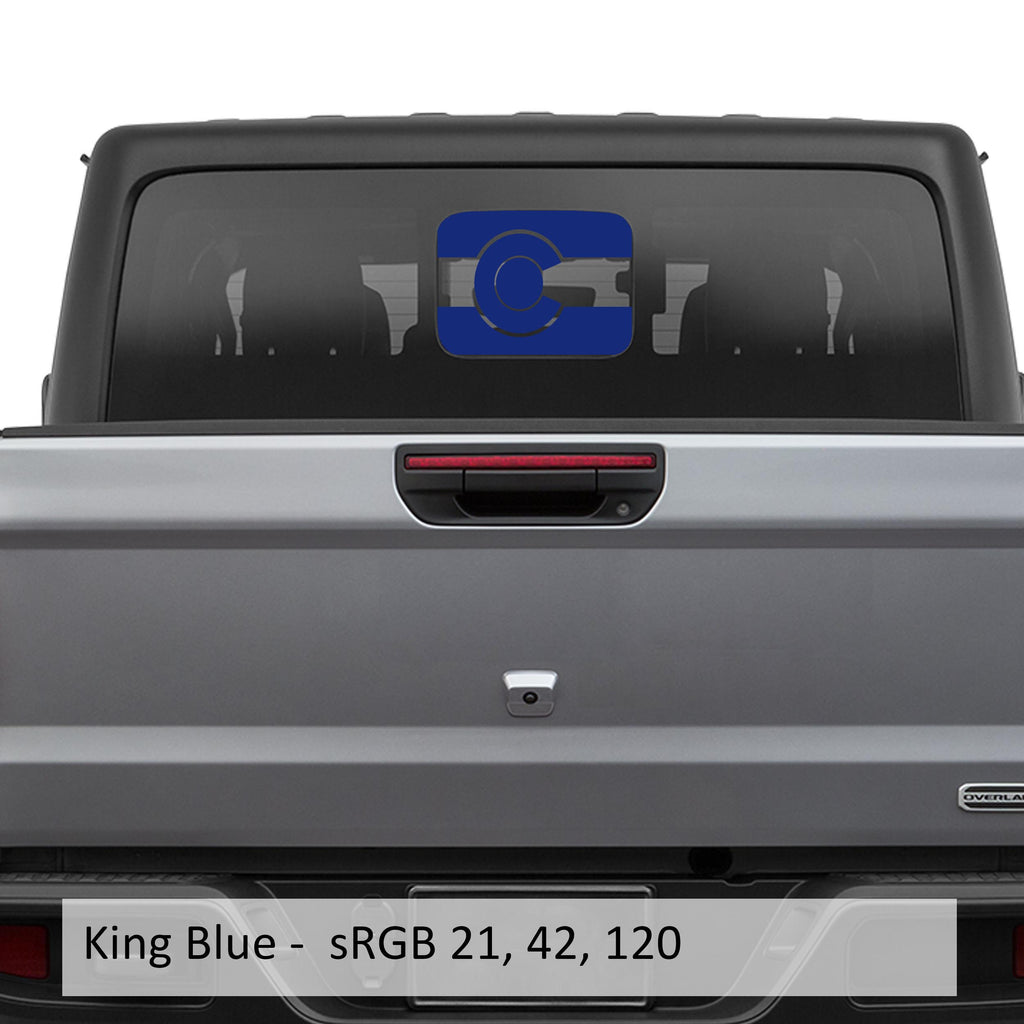 King blue Colorado flag JT rear sliding window vinyl decal on Jeep Gladiator tailgate glass
