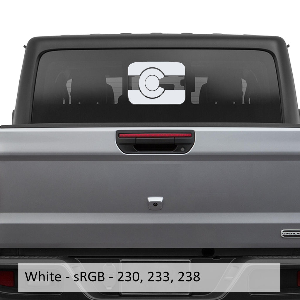 White Colorado flag JT rear sliding window vinyl decal installed on Jeep Gladiator tailgate glass