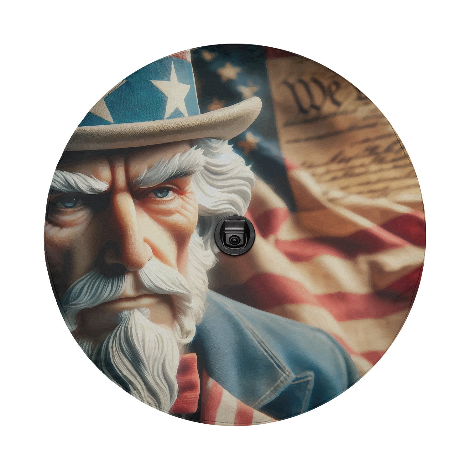 Constitution Keeper spare tire cover flat product shot with aged parchment We the People script and US flag motif