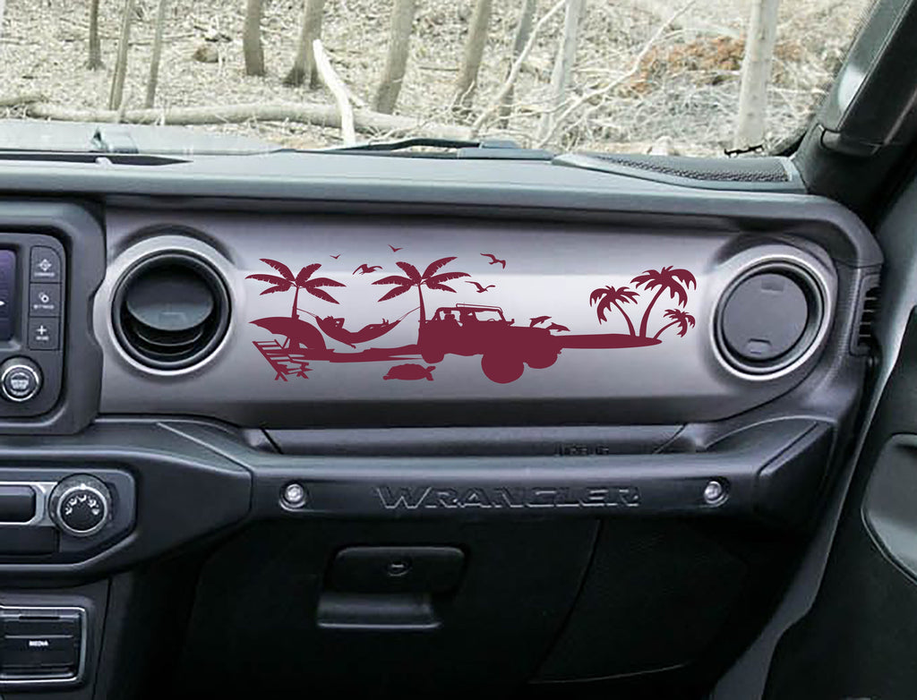 Burgundy beach scene dashboard decal on JL Wrangler, palms hammock surf Jeep silhouette artwork