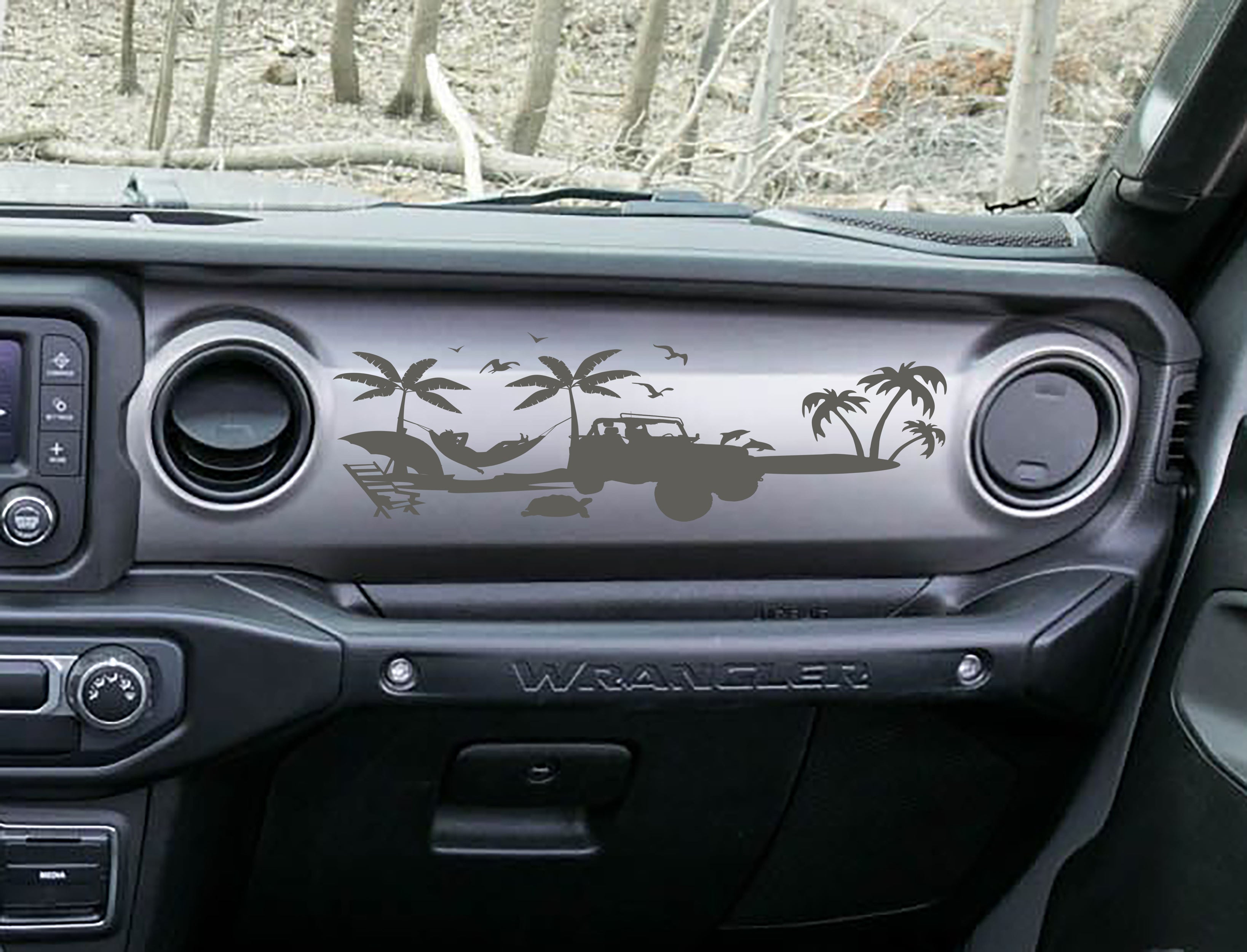 Dark grey beach scene dashboard decal on JL Wrangler, palms hammock surf Jeep silhouette artwork