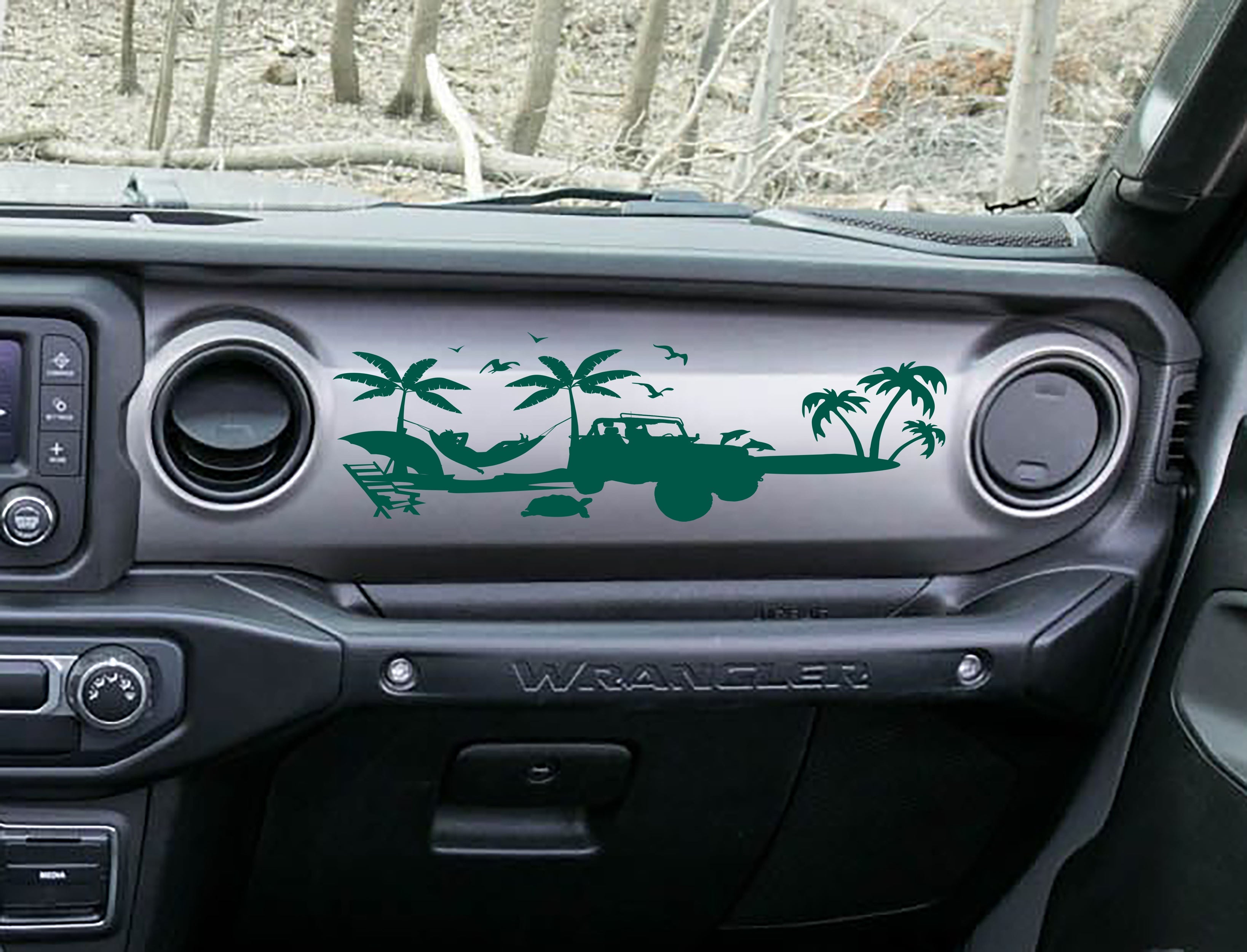 Forest green beach scene dashboard decal on JL Wrangler, palms hammock surf Jeep silhouette art