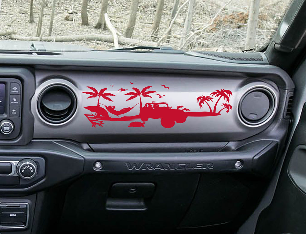 Red beach scene dashboard decal on JL Wrangler, palms hammock surf Jeep silhouette artwork shown