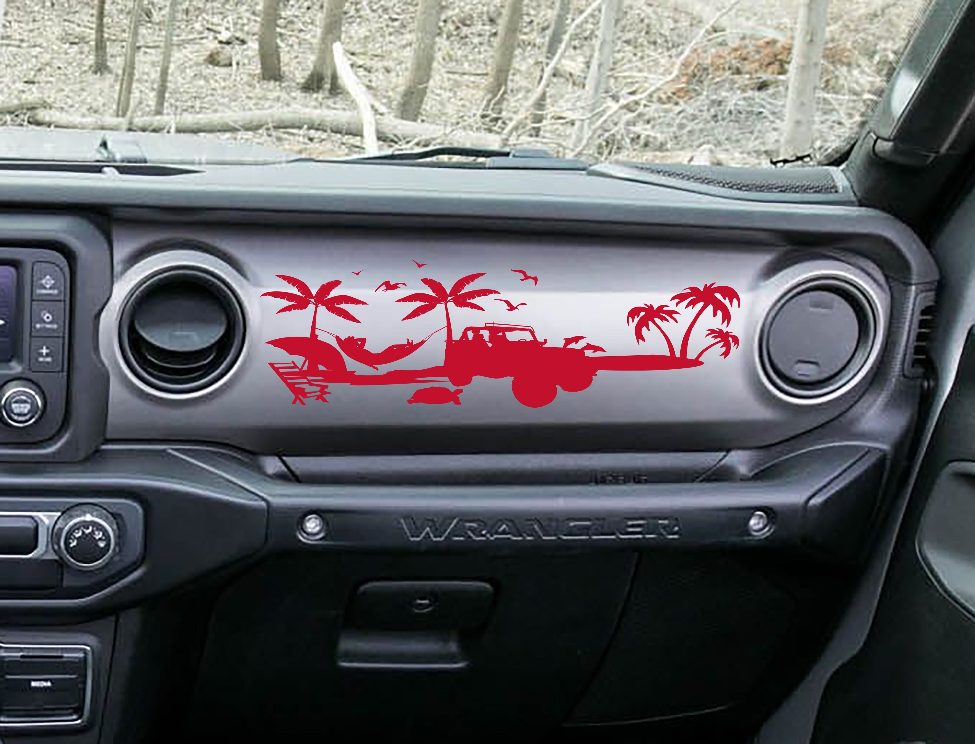 Red beach scene dashboard decal on JL Wrangler, palms hammock surf Jeep silhouette artwork shown