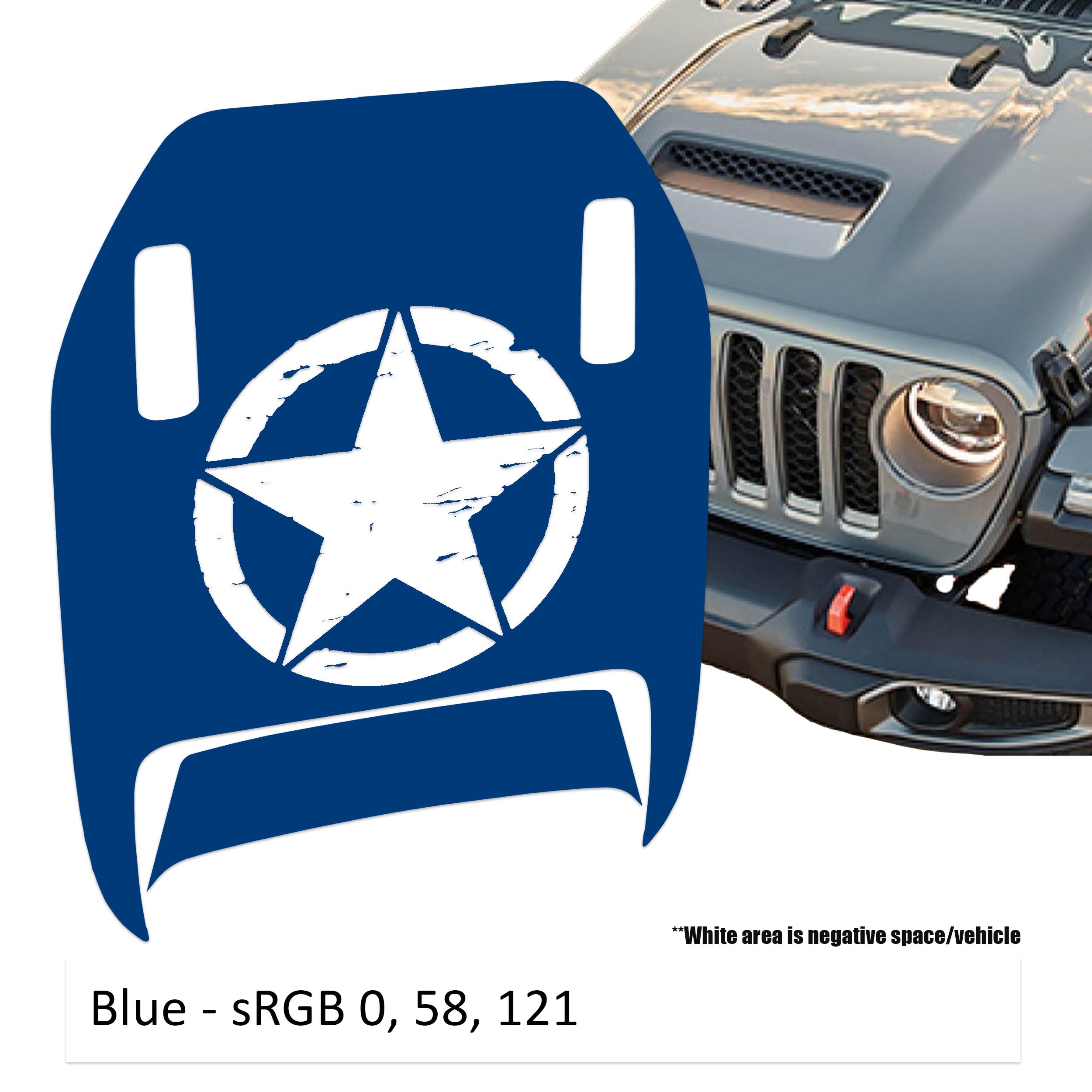 Blue Distressed Star Clawed Foot JL JT Mojave hood decal shown on Jeep Wrangler hood panel