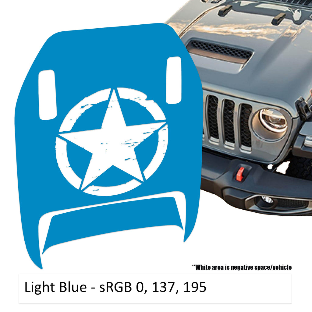 Light blue Distressed Star Clawed Foot JL JT Mojave hood decal shown on Jeep Wrangler hood