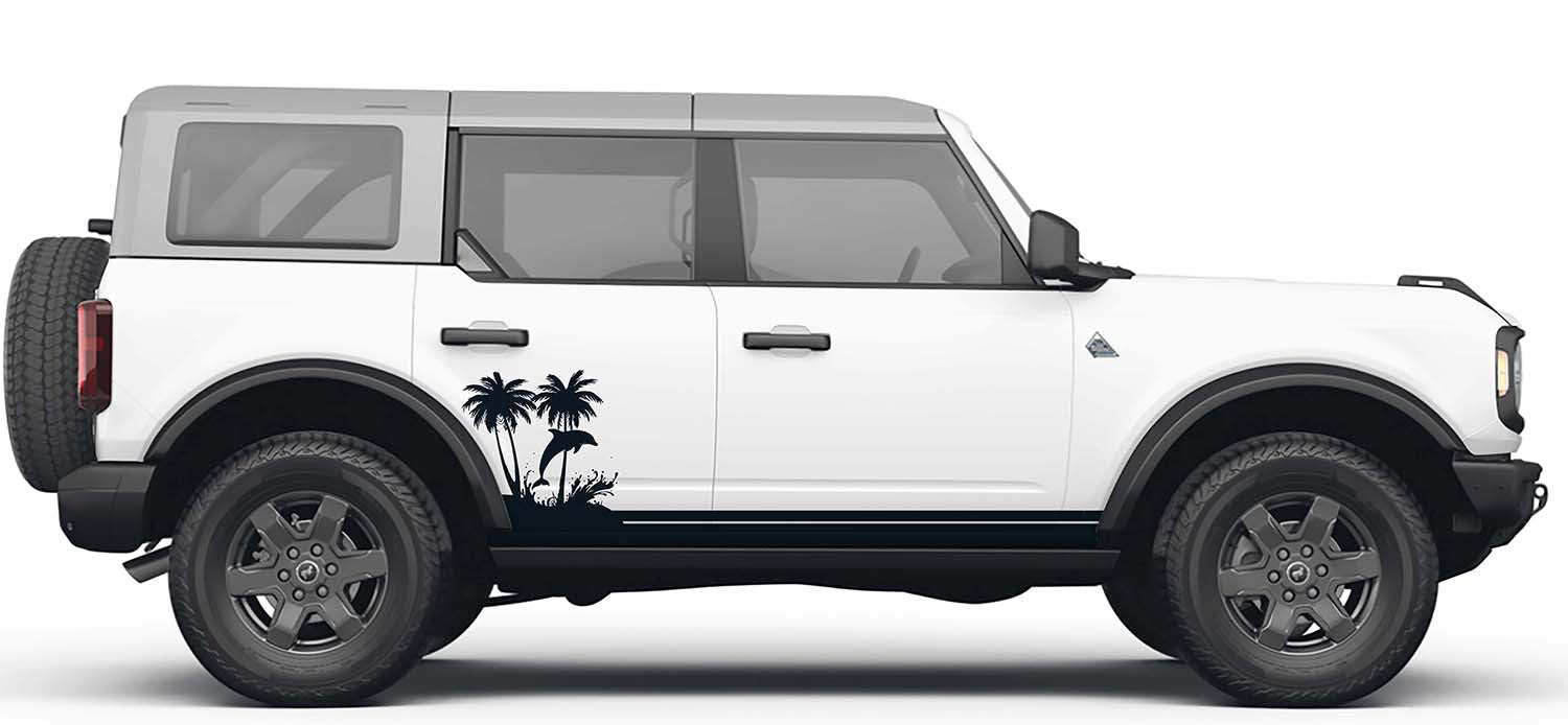 Ocean Dolphin Wave & Palm Tree Lower Rocker Vinyl Decal Fits Ford Bronco 4-Door (2021+)