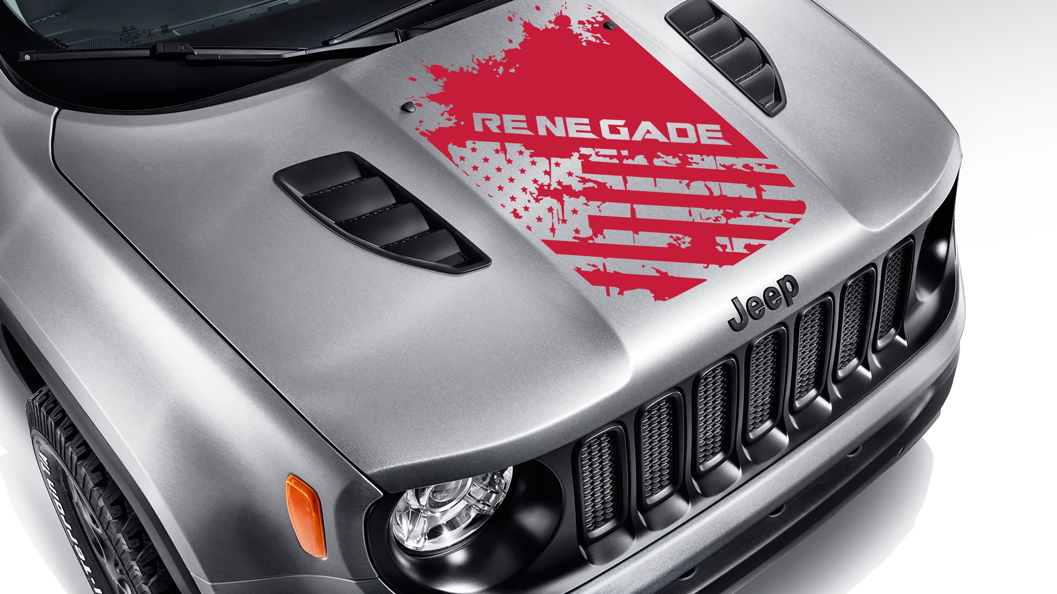 Distressed American flag Renegade blackout hood vinyl decal shown in bright red on Jeep Renegade BU