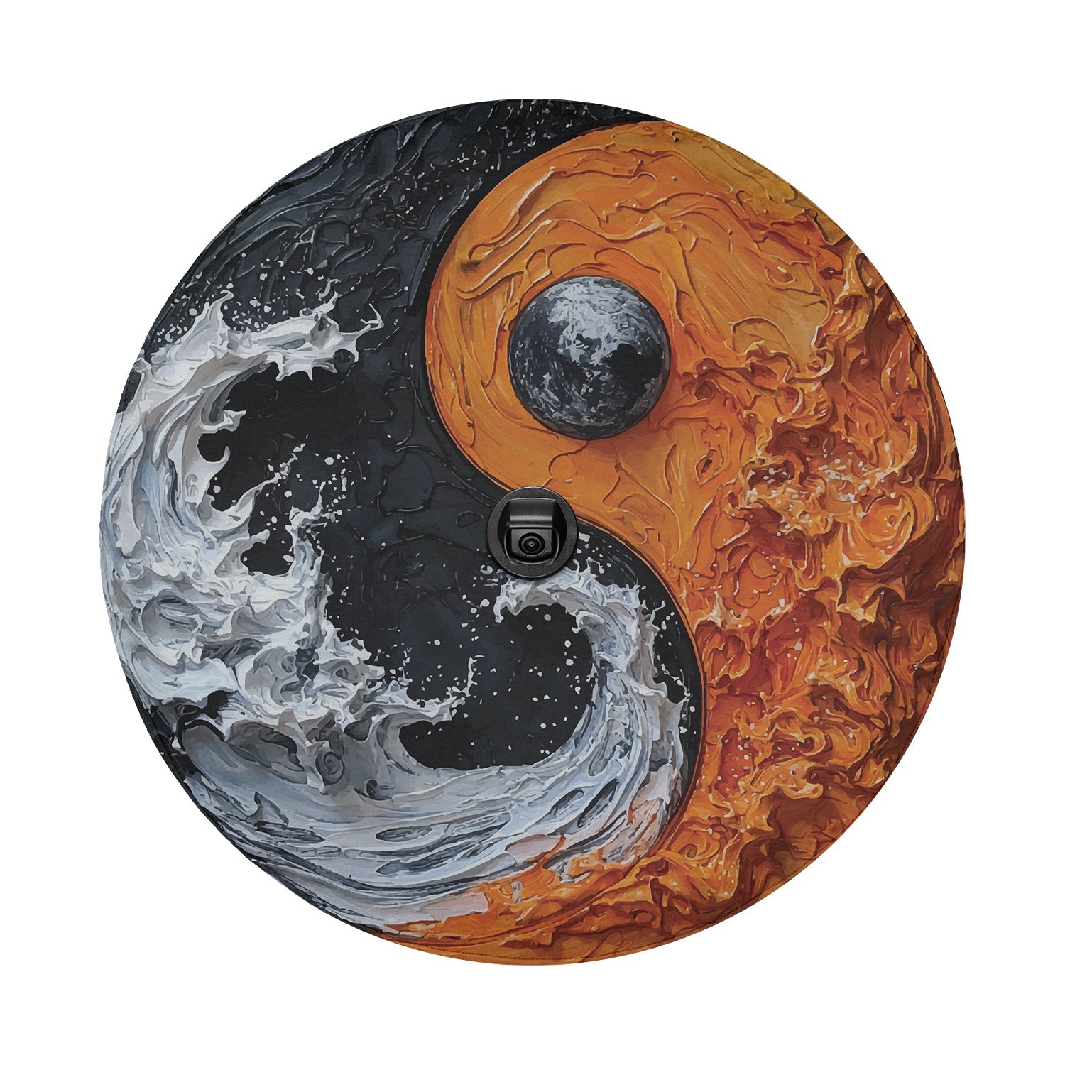 Elemental Balance spare tire cover detail showing earth and water yin-yang with backup camera cutout