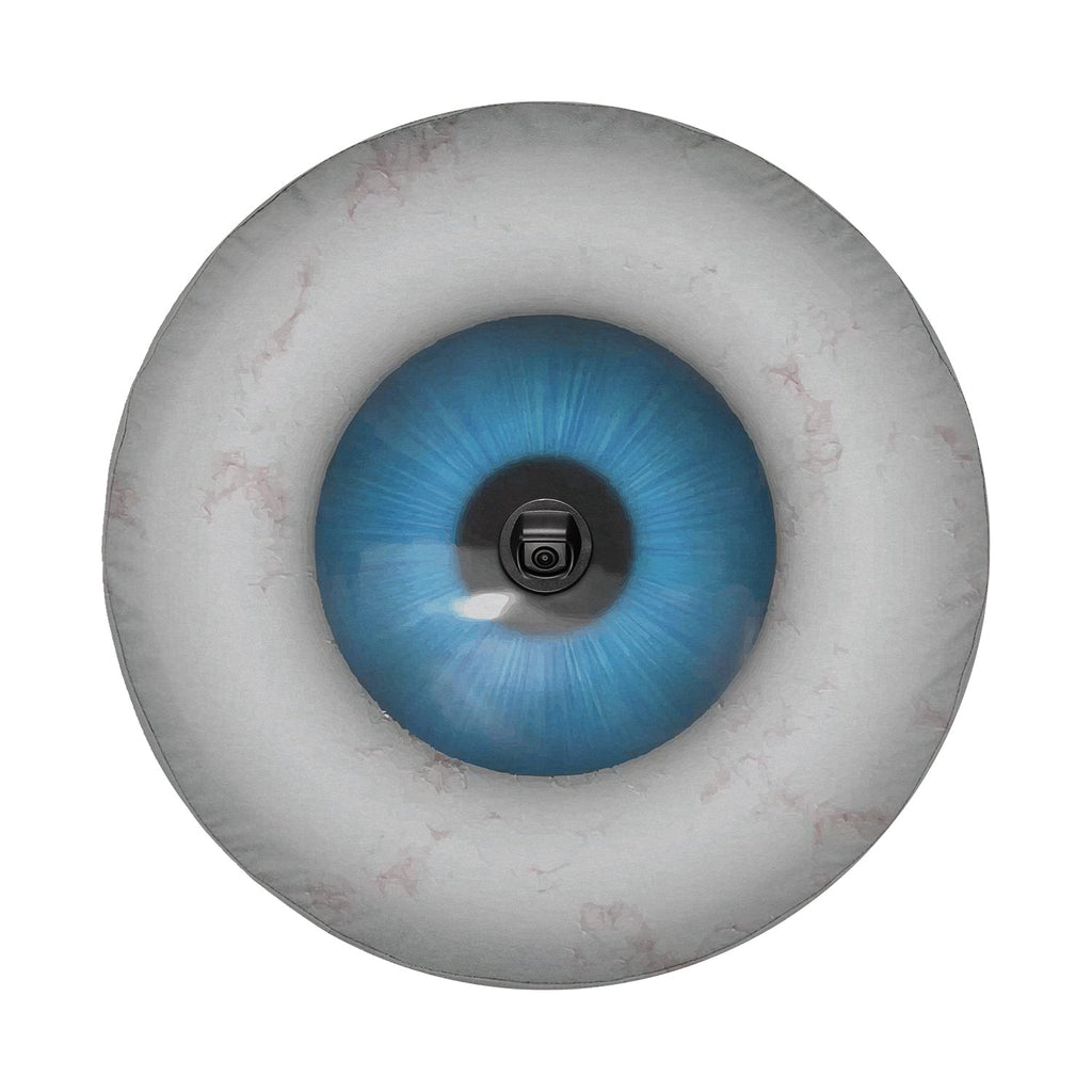 Eye On You spare tire cover laid flat for fitment showing the blue eye design on durable canvas material