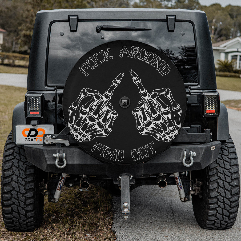 FAFO skeleton hands tire cover shown on a vehicle spare