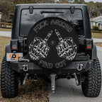 FAFO skeleton hands tire cover shown on a vehicle spare