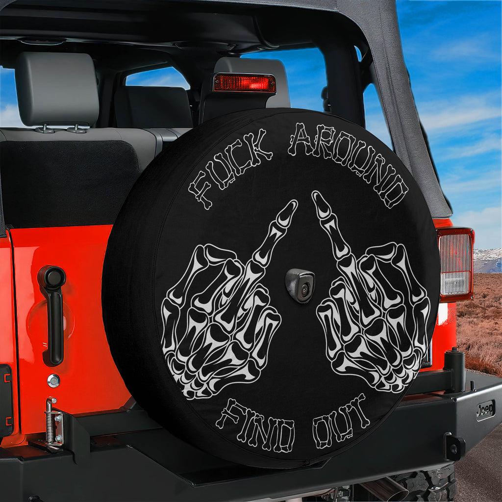 FAFO skeleton middle fingers spare tire cover in black and white