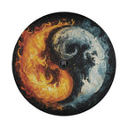 Fire and Ice Harmony spare tire cover detail showing flame and lunar yin-yang with backup camera cutout