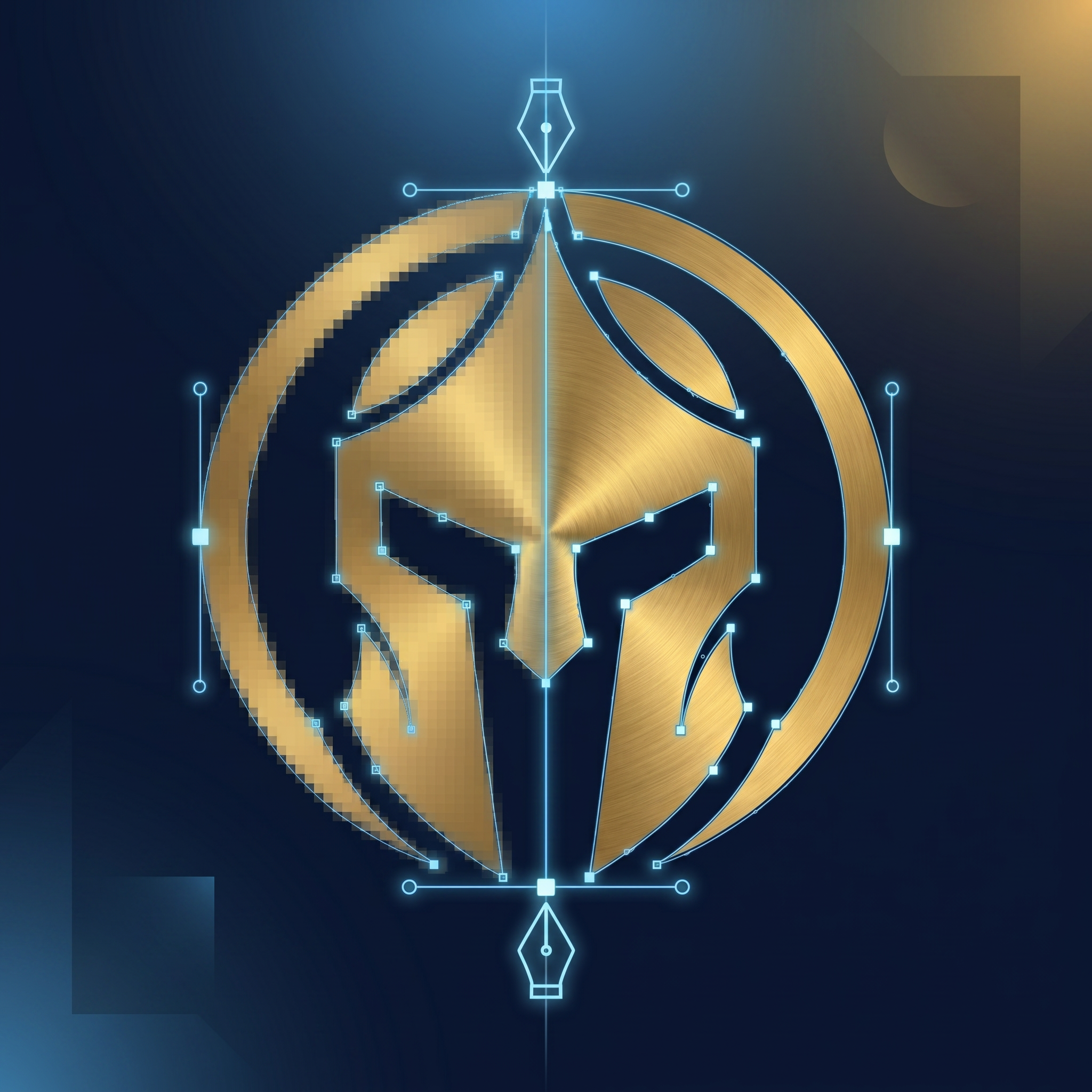 Gold Spartan helmet shown half pixelated, half clean vector with pen-tool anchor points — custom logo vectorization service by CDD Graffix