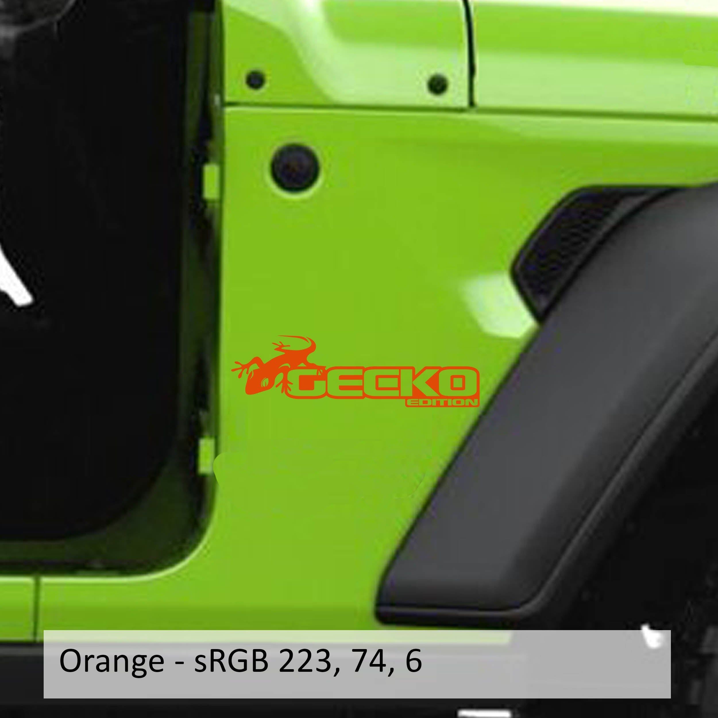 Orange Gecko Green edition fender decal mockup pair for Jeep Wrangler JL Gladiator JT