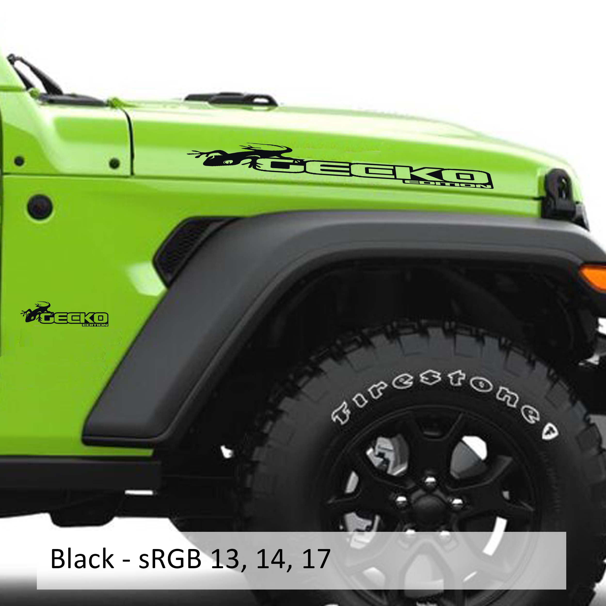 Black Gecko Green edition side hood decal mockup pair for Jeep Wrangler JL Gladiator JT