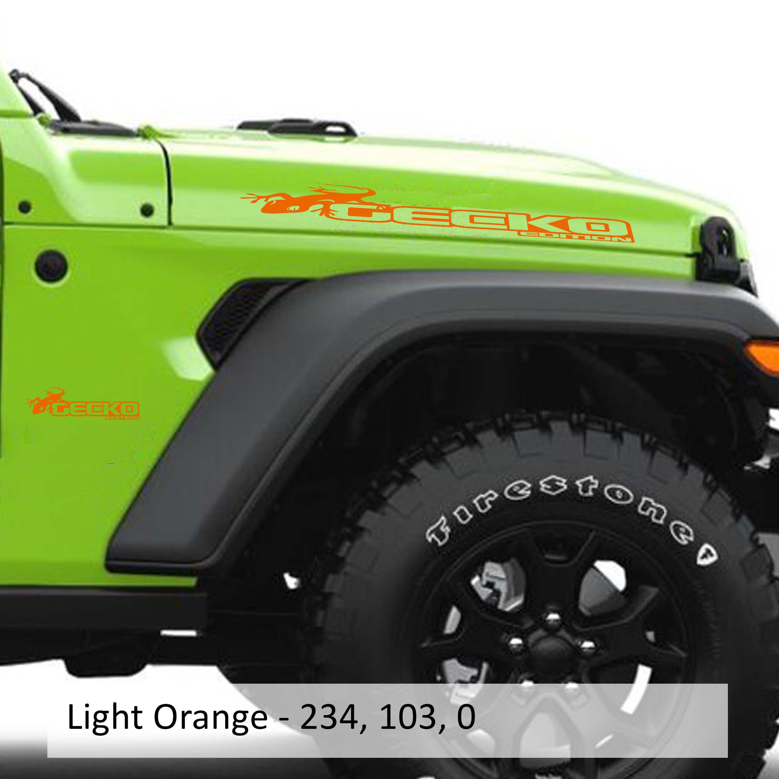 Light orange Gecko Edition side hood vinyl decal applied to green Jeep Wrangler JL fender