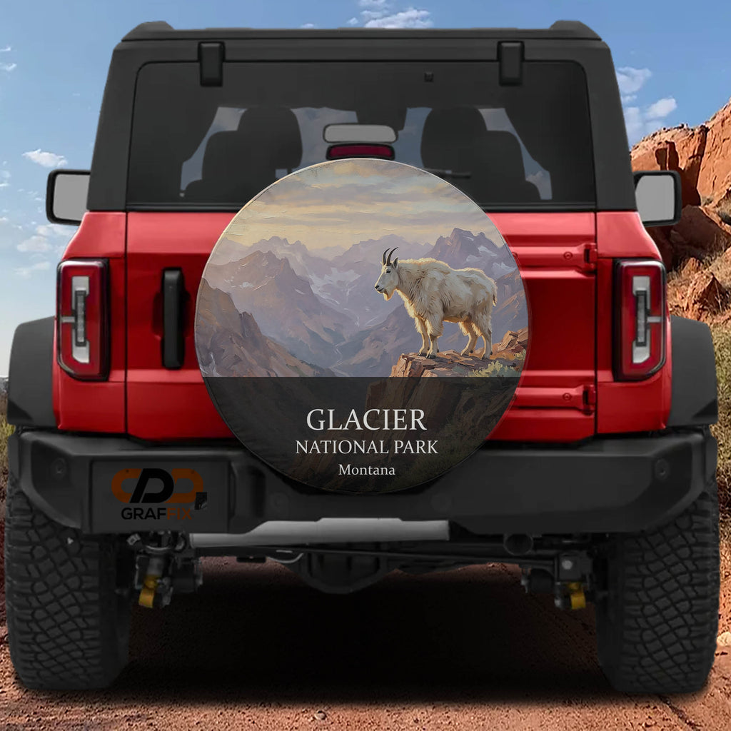 Glacier National Park spare tire cover mounted on a Ford Bronco tailgate
